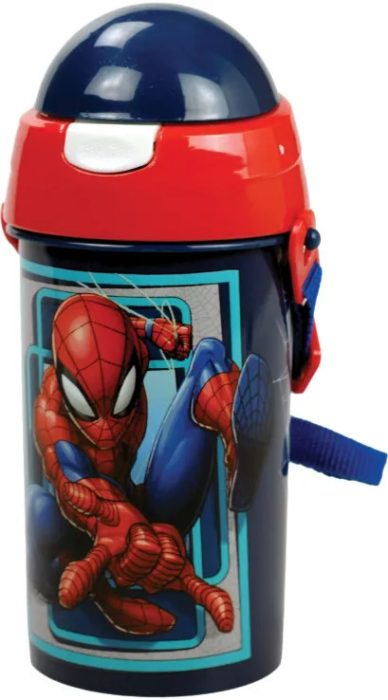 Botella Spiderman Con Tapón a Presión y Colgador 500 ml.