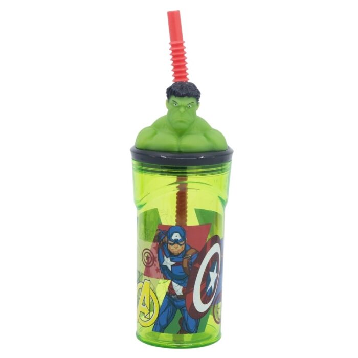 Vaso Hulk Avengers Marvel con Pajita y Tapa con figurita 3D 360ml - Imagen 1
