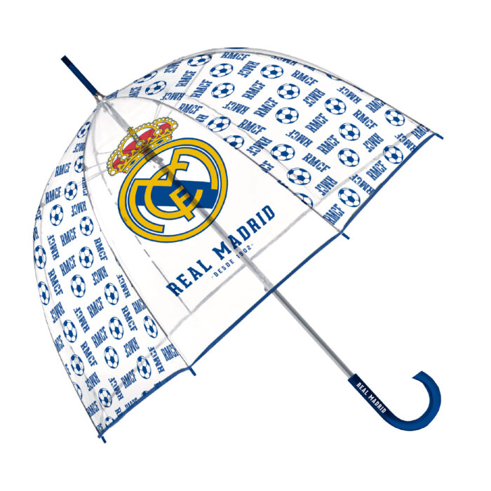 Paraguas De Eva Transparente De Real Madrid Cf, 8 Paneles, Diámetro 67Cm, Forma De Burbuja, Apertura Manual - Imagen 1