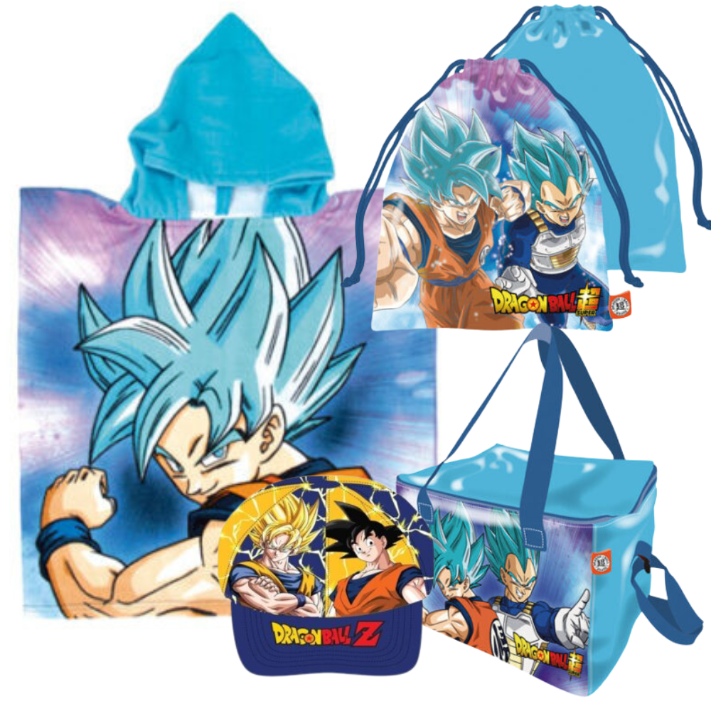 PACK dragon ball Lote Dragon Ball , Poncho Toalla, Bolsa Termica, Gorra y Saquito - Imagen 1