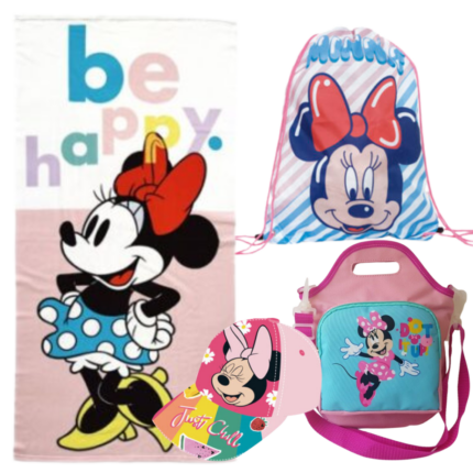 Lote Minnie Disney, Toalla, Gorra, Bolsa Merendero y Saco Mochila