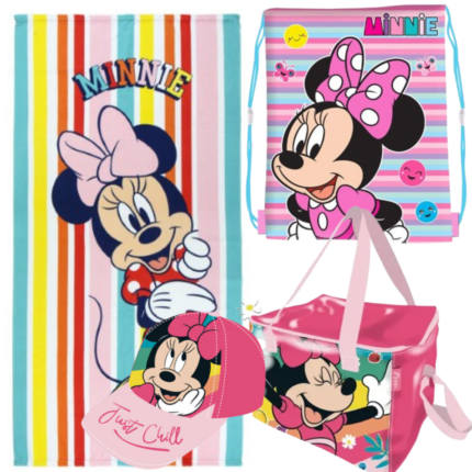 Lote Minnie Disney, Toalla, Gorra, Bolsa Termica y Saco Mochila