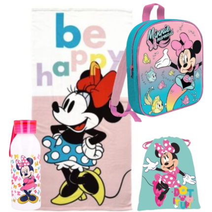 Lote Minnie Disney, Toalla, Botella, Saquito y Mochila