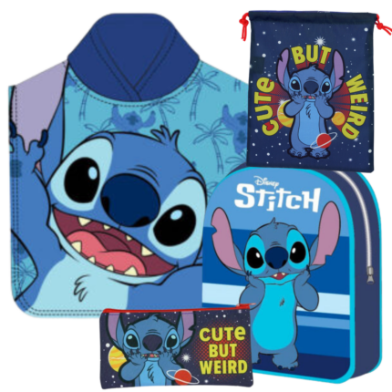 Lote Stitch Disney Poncho Toalla, Mochila, Portatodo y Saquito