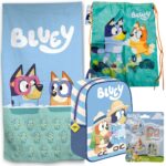 Lote Bluey Mochila , Toalla, Saco Mochila y Set de 4 Gomas