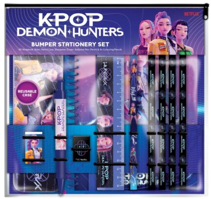 Set de Papelería, K-Pop Demon Hunters, Estuche, Lápiz, Goma, Sacapuntas, Bolígrafo, Regla, Cuaderno, Color Morado, Producto Oficial