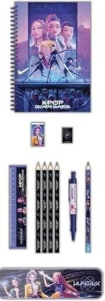 Set de Papelería, K-Pop Demon Hunters, Estuche, Lápiz, Goma, Sacapuntas, Bolígrafo, Regla, Cuaderno, Color Morado, Producto Oficial - Imagen 3