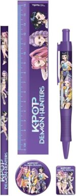 Set de Papelería,K-Pop Demon Hunters Estuche, Lápiz, Goma, Sacapuntas, Bolígrafo, Regla, Color Morado, Producto Oficial - Imagen 3
