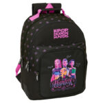 Mochila Negra Kpop Demon Hunters Doble Con Cantonera Adaptable 32x42x15cm.