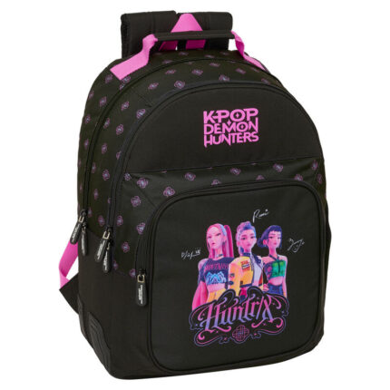 Mochila Negra Kpop Demon Hunters Doble Con Cantonera Adaptable 32x42x15cm.
